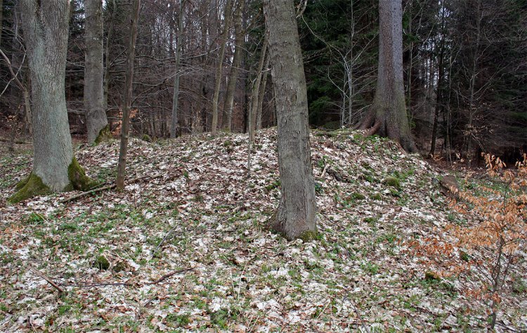 Ruina čverhranné kamenné budovy vedle kostela